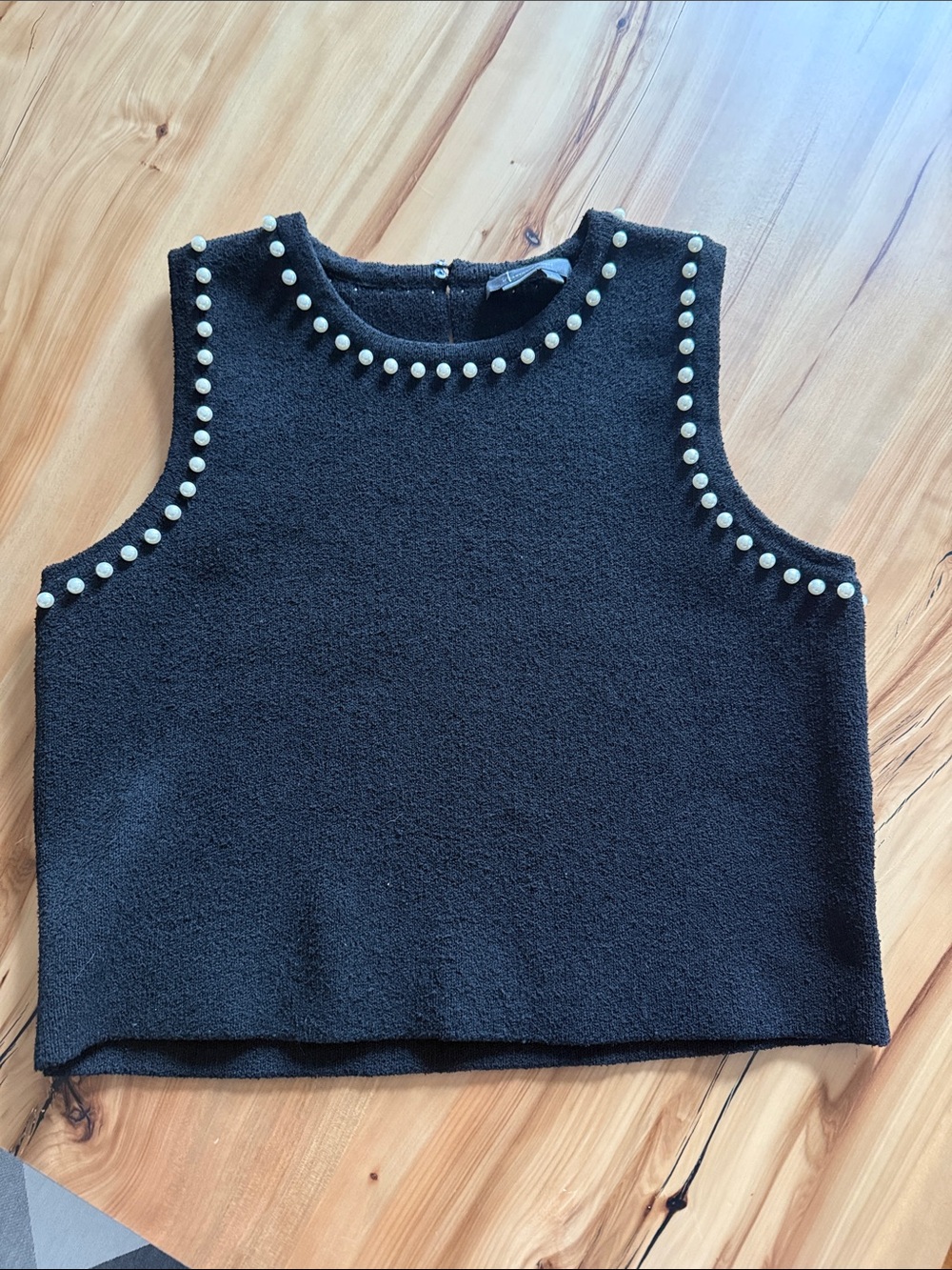 Anthropologie Black Pearl-Trim Cropped Tank